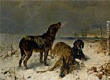 Hunting Canvas Paintings - Two Hunting Dogs with Their Catch